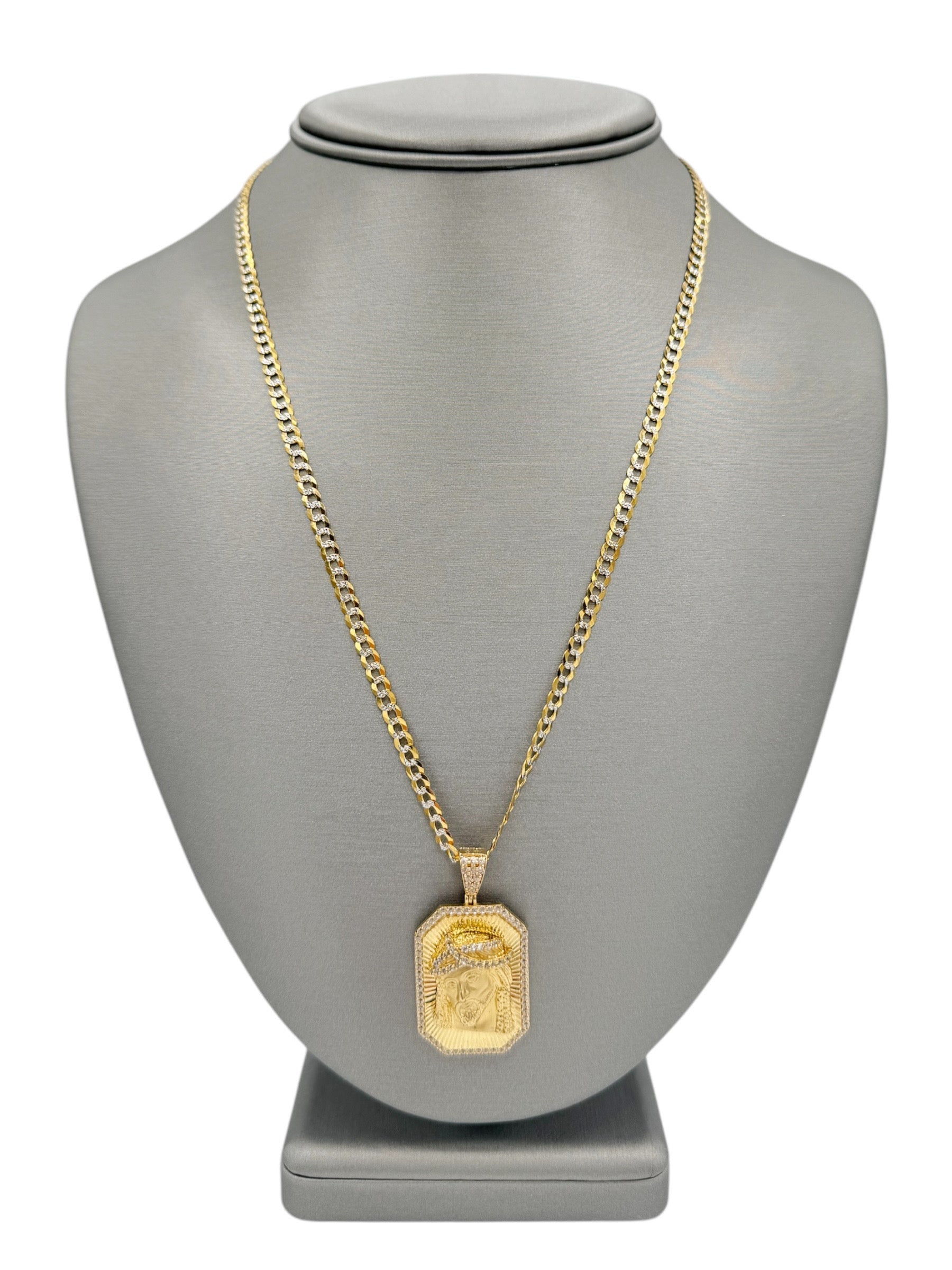 New 14K CZ Jesus Pendant & Solid Two Tone Cuban Chain H.J