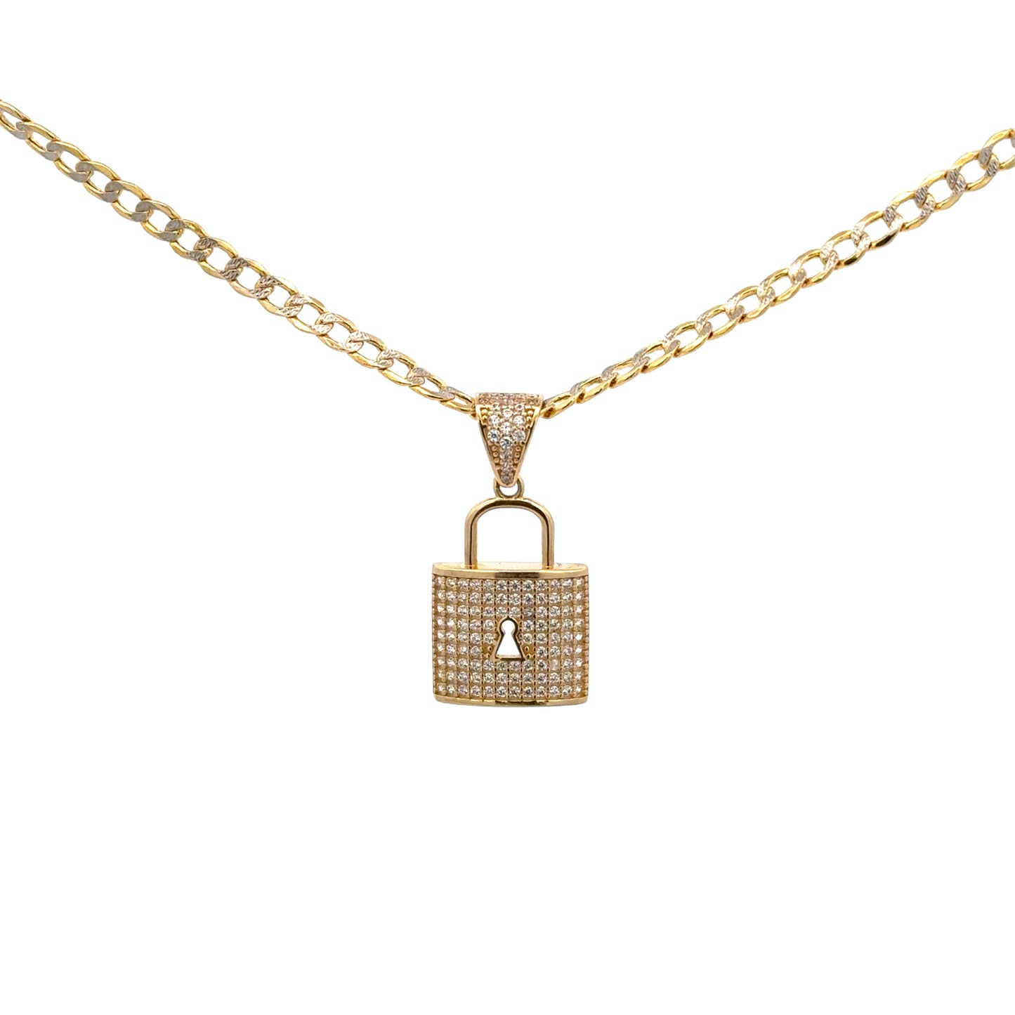 New 14K CZ Lock Pendant & Two Tone Cuban Chain. H.J™️