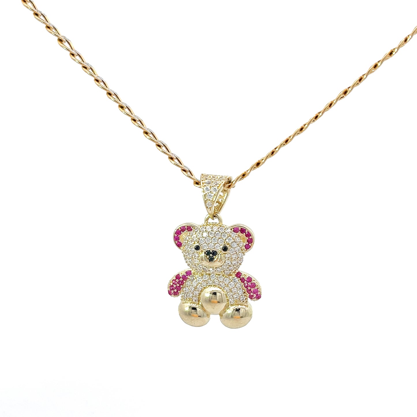 New 14k CZ Teddy Bear Pendant & Two Tone Cuban Chain (3.6MM) H.J™️