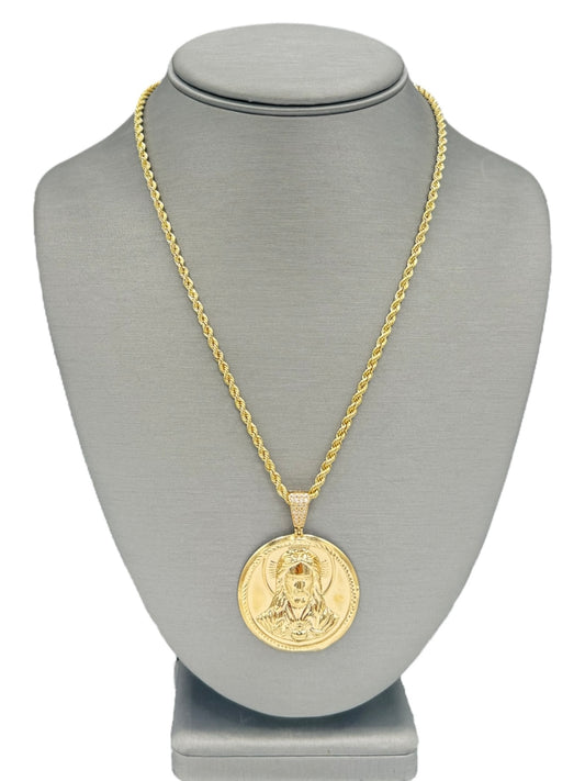 New 14K Round Jesus Pendant & Rope Chain. H.J™️