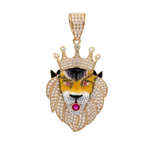 New 14K CZ Lion With Crown Pendant (29.3MM). H.J™️