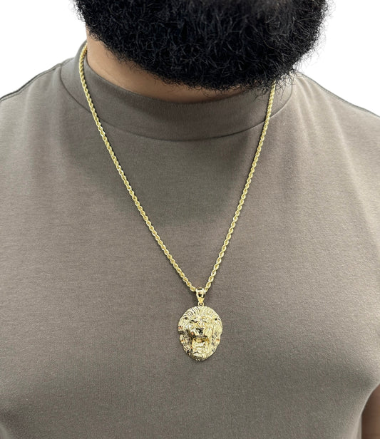 New 14K Lion Face Pendant & Rope Chain (3.0MM). H.J™️