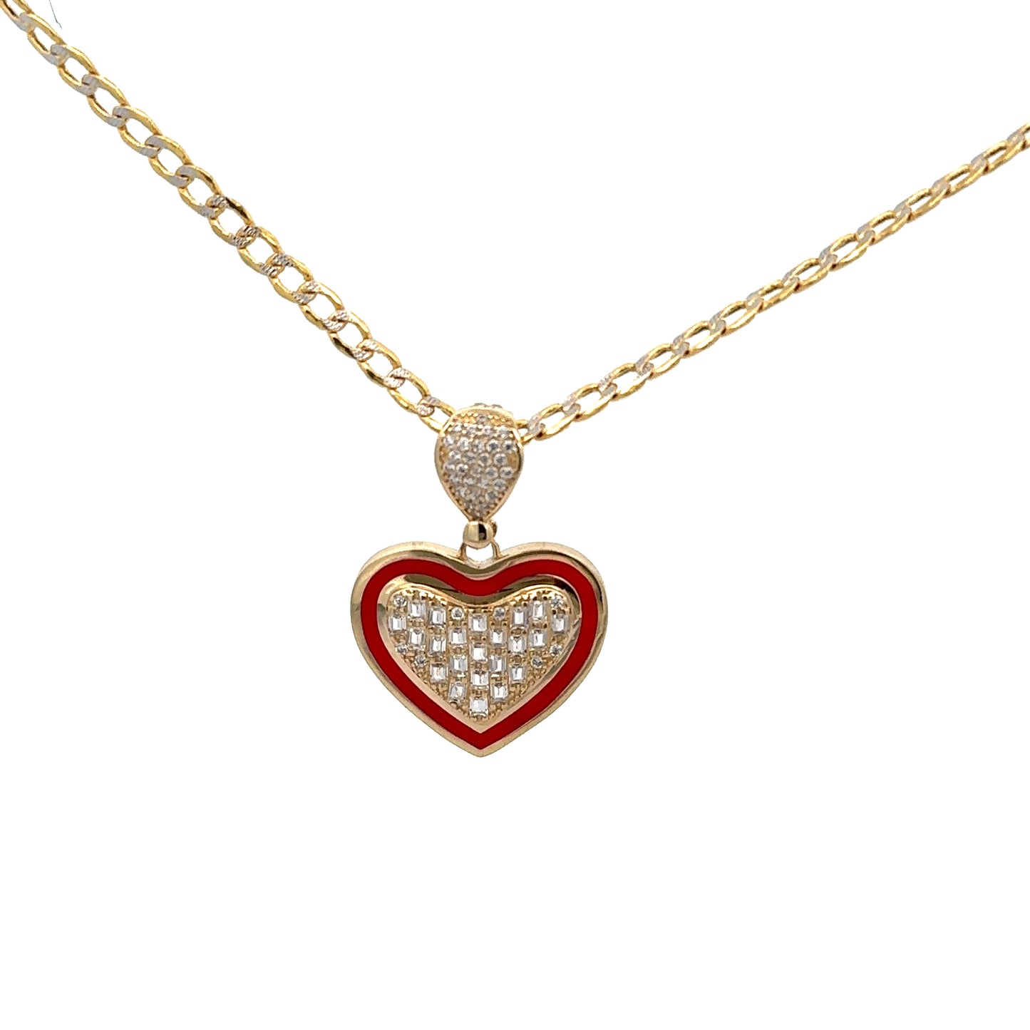 New 14K CZ Heart Pendant & Two Tone Cuban Chain (3.2MM). H.J™️