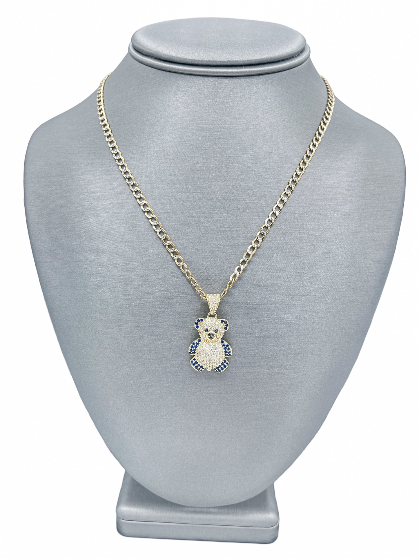 New 14k CZ Teddy Bear Pendant & Two Tone Cuban Chain (3.7MM) H.J™️