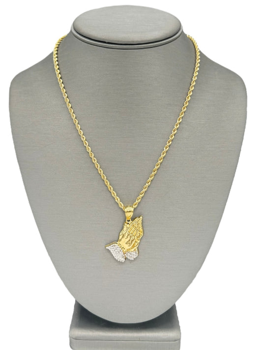 New 14K CZ Praying Hands Pendant & Rope Chain. H.J™️