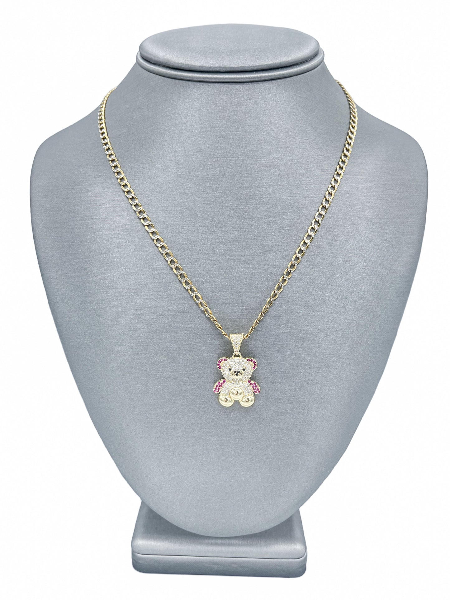 New 14k CZ Teddy Bear Pendant & Two Tone Cuban Chain (3.6MM) H.J™️