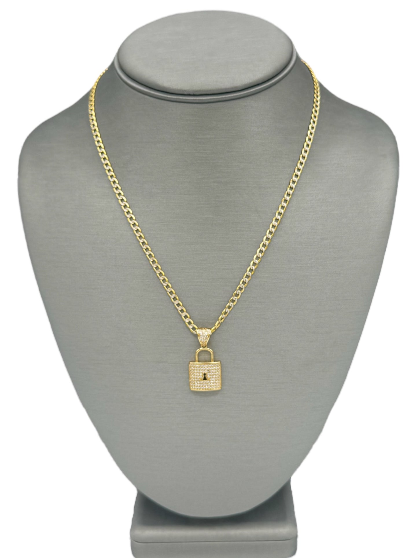 New 14K CZ Lock Pendant & Two Tone Cuban Chain. H.J™️