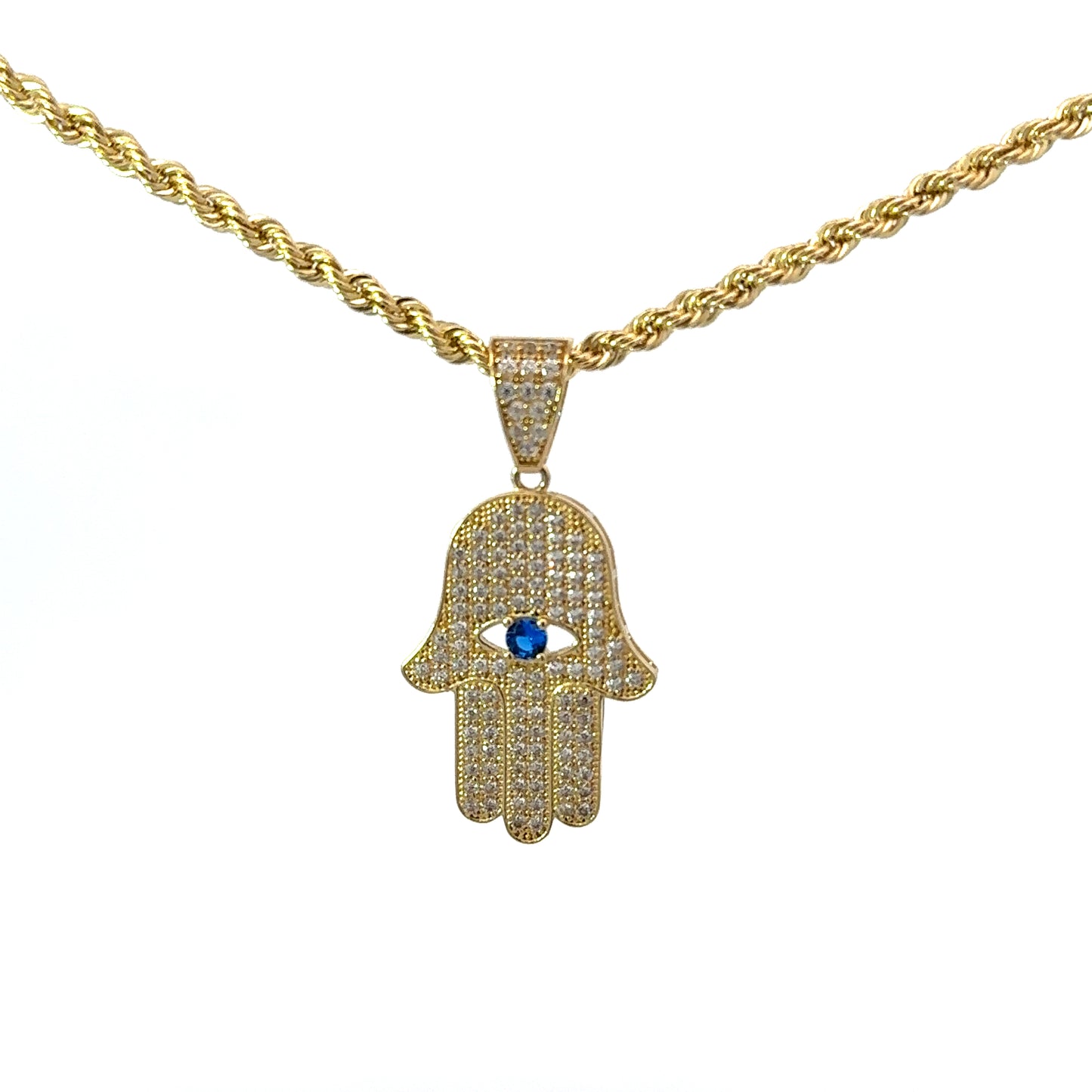 New 14K CZ Hamsa Pendant & Rope Chain (2.9MM). H.J™️