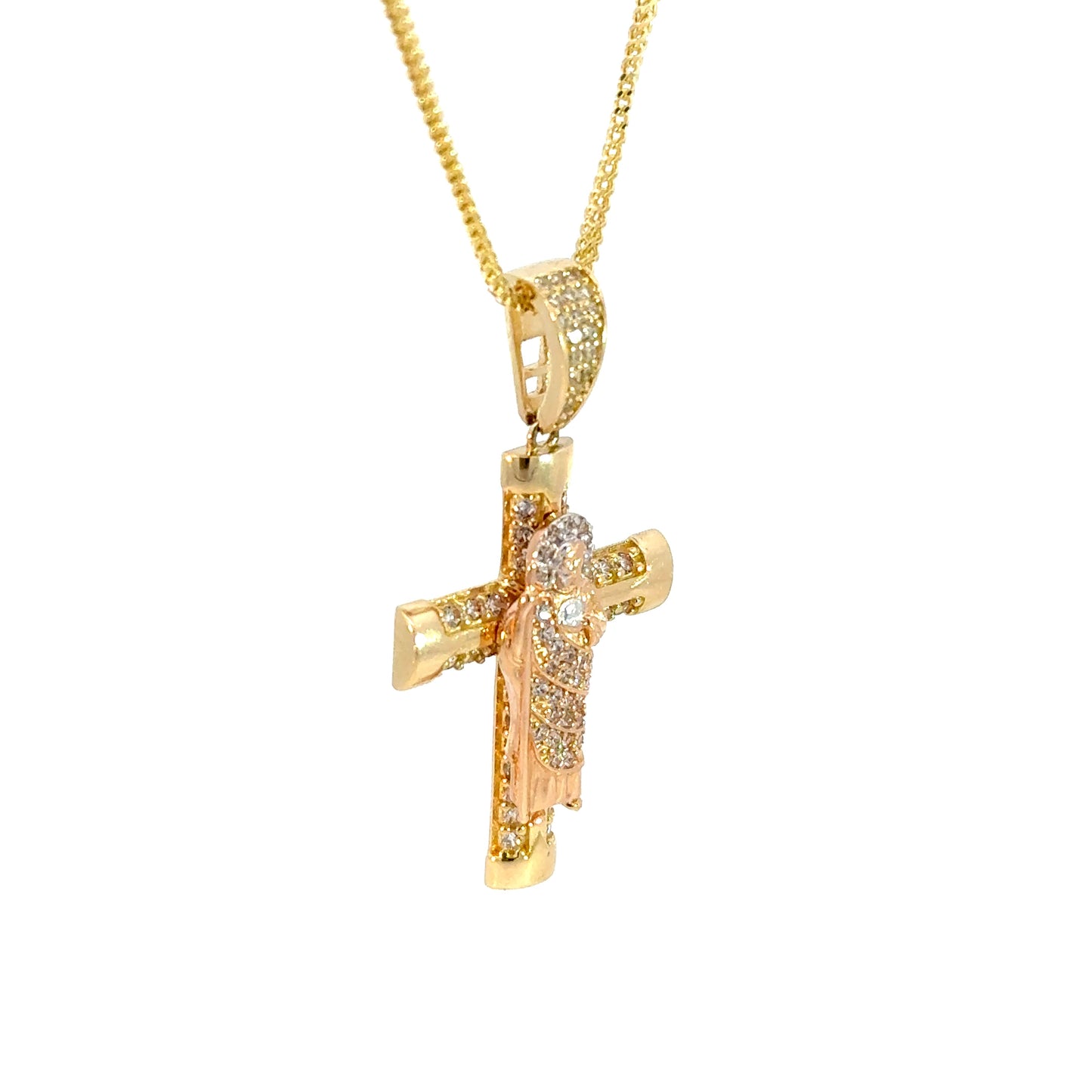 New 14K CZ San Judas Cross Pendant & Franco Chain H.J™️