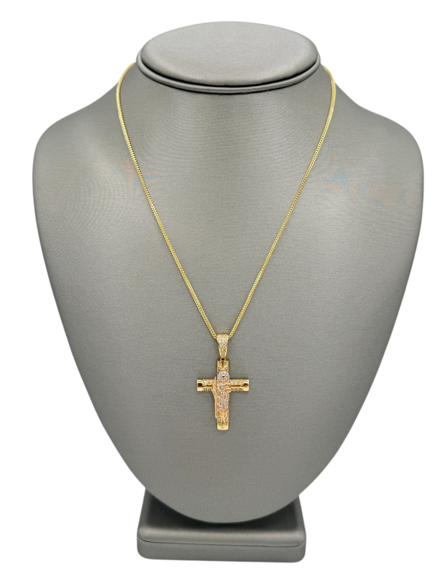 New 14K CZ San Judas Cross Pendant & Franco Chain H.J™️